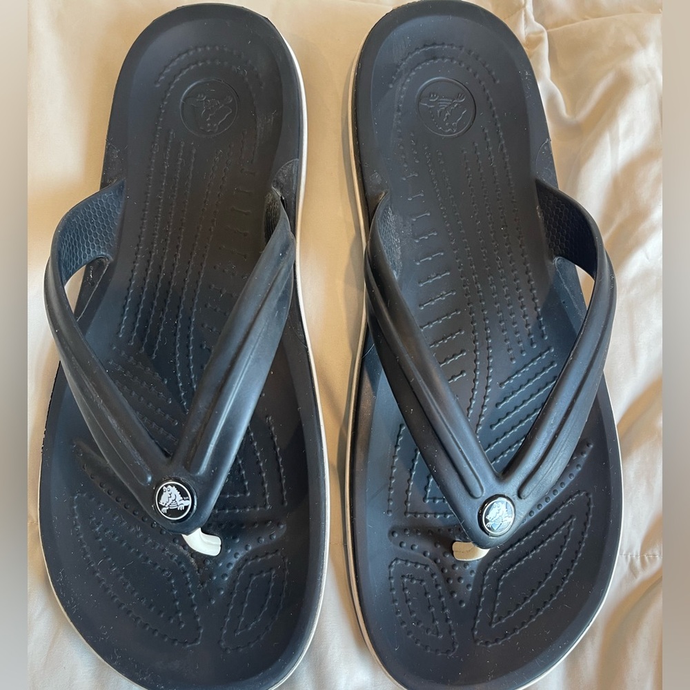 CROCS Black Flip Flop Sandals with White Trim
